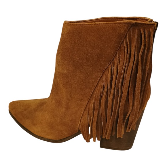 Steve Madden Womens Suede Bootie Countryy Fringe Cognac 3" Block Heel Size 9B - Picture 2 of 8